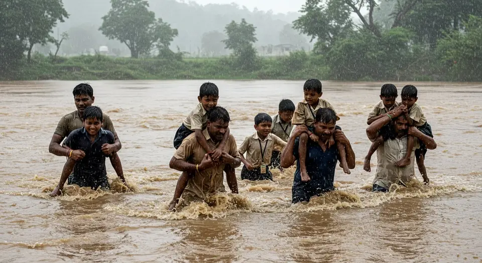 उफनती नदी: स्कूली बच्चों की जान पर भारी बारिश, अभिभावक कंधे पर उठाकर पहुंचा रहे स्कूल