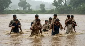 उफनती नदी: स्कूली बच्चों की जान पर भारी बारिश, अभिभावक कंधे पर उठाकर पहुंचा रहे स्कूल