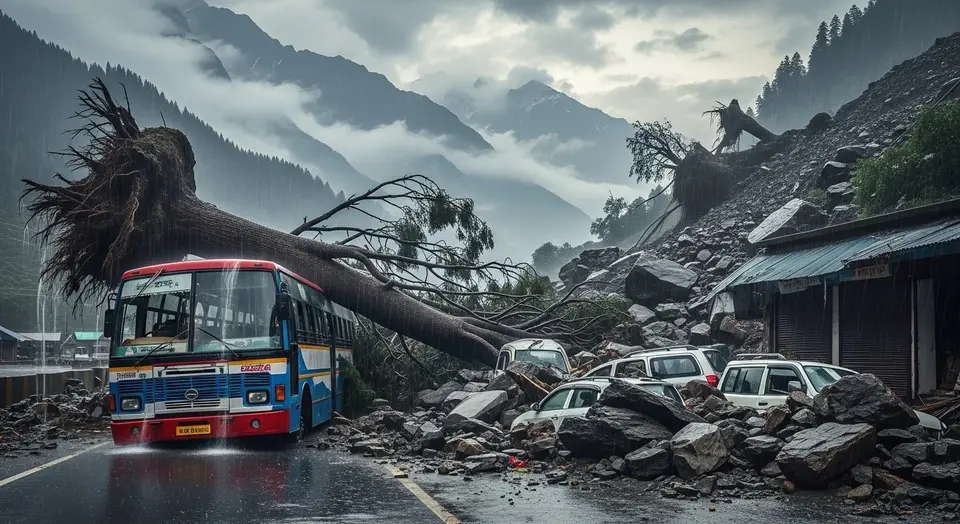 हिमाचल में कुदरत का कहर: किन्नर-कैलाश में दो श्रद्धालुओं की मौत, शिमला में चलती बस पर पेड़ गिरा, चार जिलों में स्कूल बंद