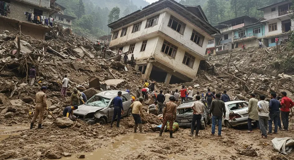 कुल्लू में लैंडस्लाइड, 4 मंजिला बिल्डिंग खतरे में:3 गाड़ियां क्षतिग्रस्त, अखाड़ा बाजार में 6 लोग दबे, एक की मौत