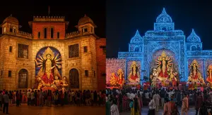 कोलकाता के पंडालों में ‘आजादी’ की गूँज: कहीं सेल्यूलर जेल का प्रतिरूप, तो कहीं इस्पात से दिव्य दुर्गा मंडप