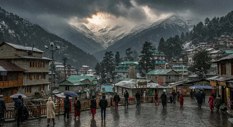 हिमाचल की ऊंची चोटियों पर बर्फबारी:मनाली का तापमान 8 डिग्री गिरा; आज 8 जिलों में भारी बारिश-तूफान का ऑरेंज अलर्ट