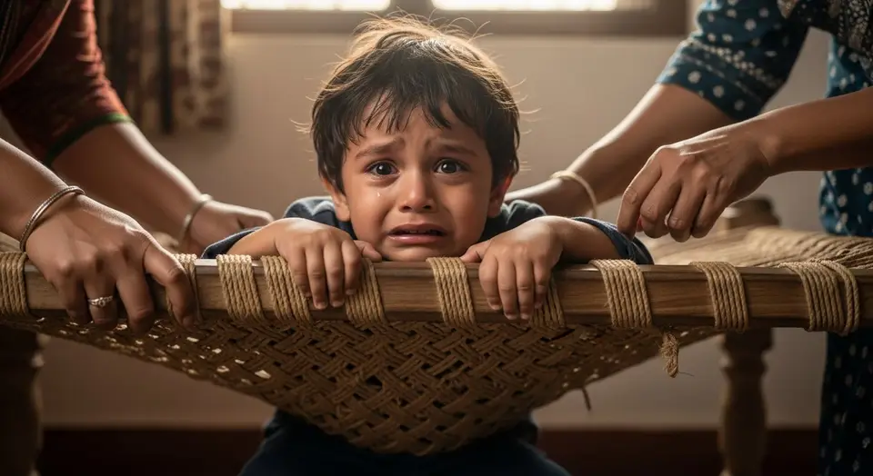 स्कूल के डर से चारपाई से चिपका बच्चा: देखिए कैसे घरवालों को उसे स्कूल पहुंचाना पड़ा
