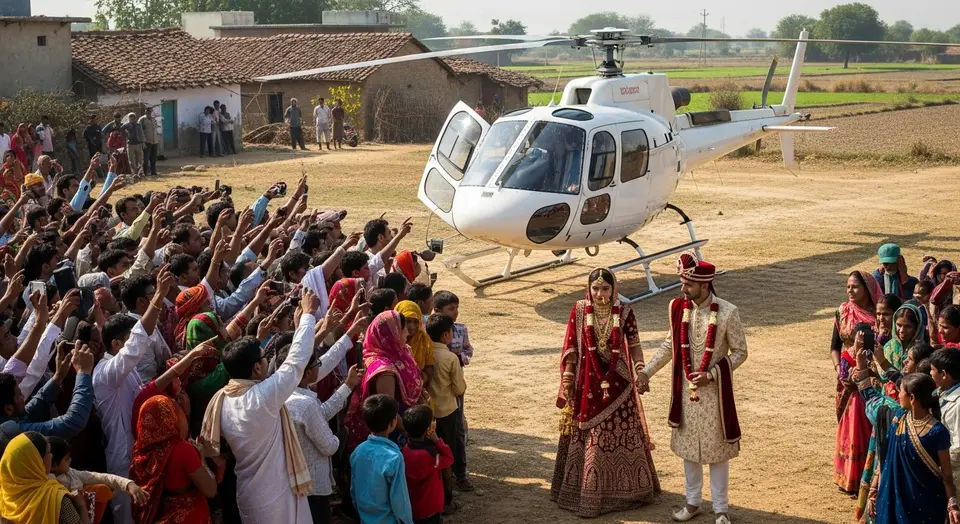 उत्तर प्रदेश: छोटे से गांव में हेलीकॉप्टर से हुई दुल्हन की विदाई, देखने उमड़ा जनसैलाब