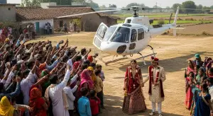 उत्तर प्रदेश: छोटे से गांव में हेलीकॉप्टर से हुई दुल्हन की विदाई, देखने उमड़ा जनसैलाब