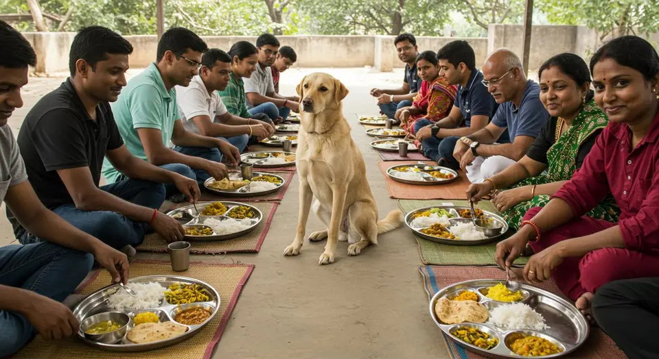 भोज में इंसानों की तरह प्लेट लगाकर खाने बैठा कुत्ता, वीडियो देख लोग बोले- ‘वाह! कितना संस्कारी है!’