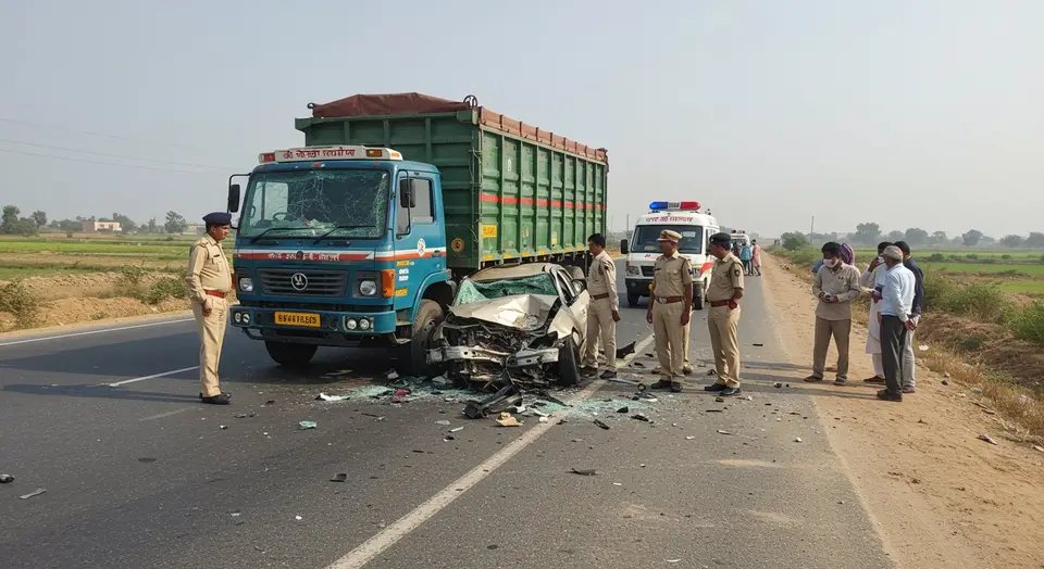 कुरुक्षेत्र में ट्रक में घुसी कार, 3 की मौत:6 लोग घायल; इंडियन हॉकी टीम की पूर्व कप्तान की शादी में कैटरिंग के लिए आए थे