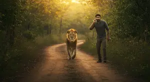 जंगली रास्ते पर सामने आ गया शेर, शख्स ने तुरंत पुलिस को फोन कर ऐसे बचाई अपनी जान!