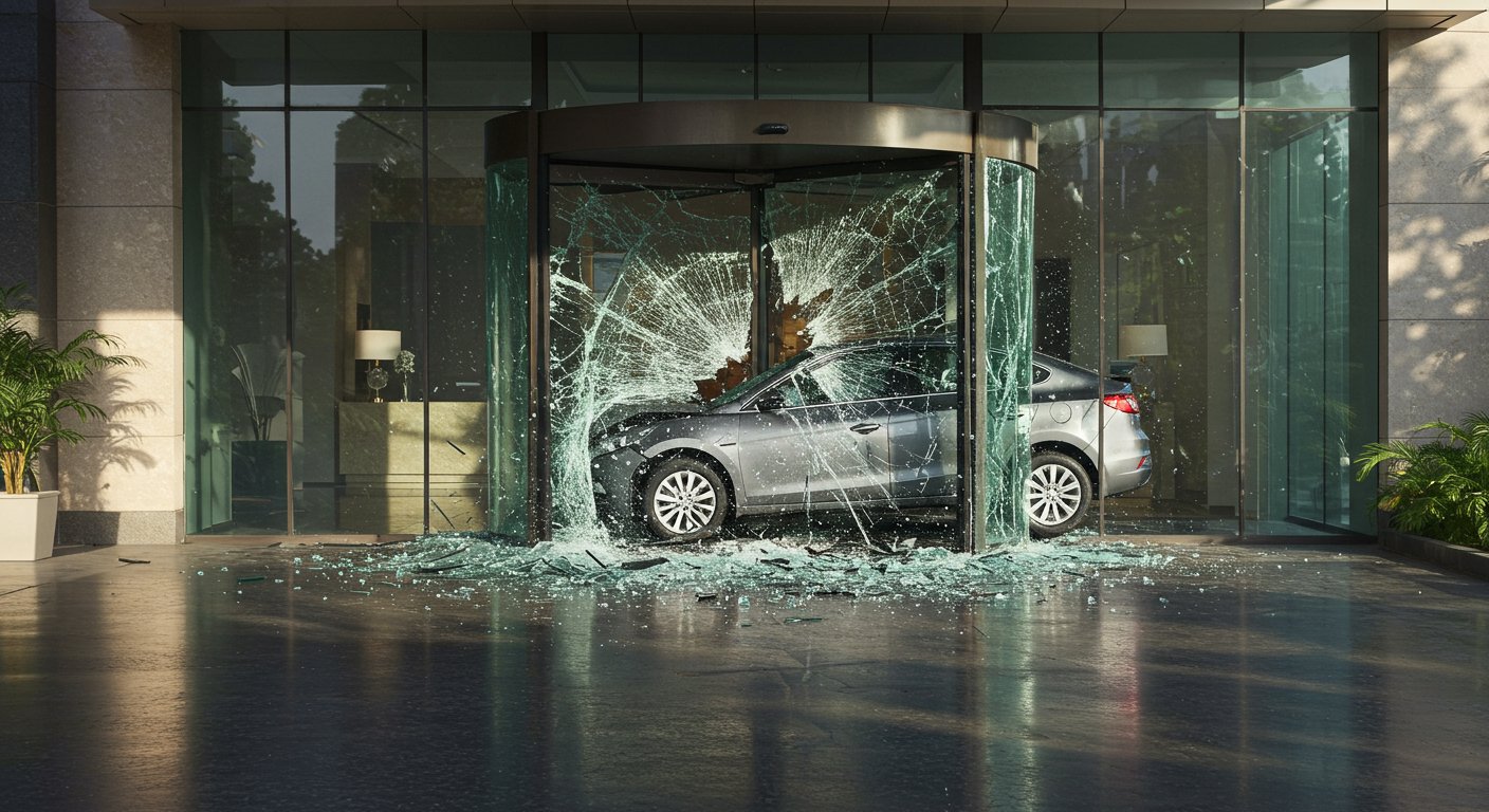Bareilly: Car crashes into Ramada Hotel, breaking glass gate; footage goes viral after settlement.