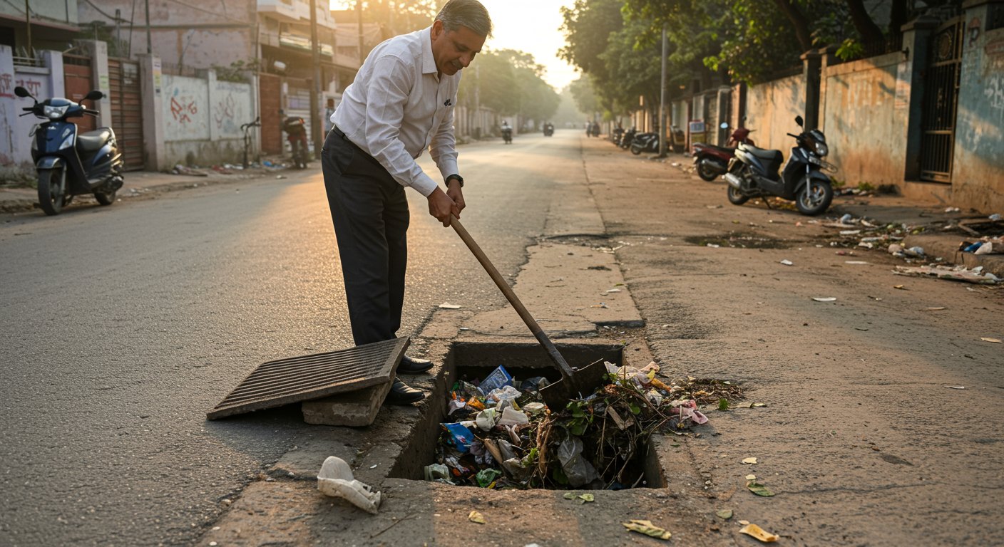 Municipal Commissioner Steps Out For Morning Walk, Spots Filth, Picks Up Shovel To Clean Drain Himself – Story Goes Viral In Bareilly.