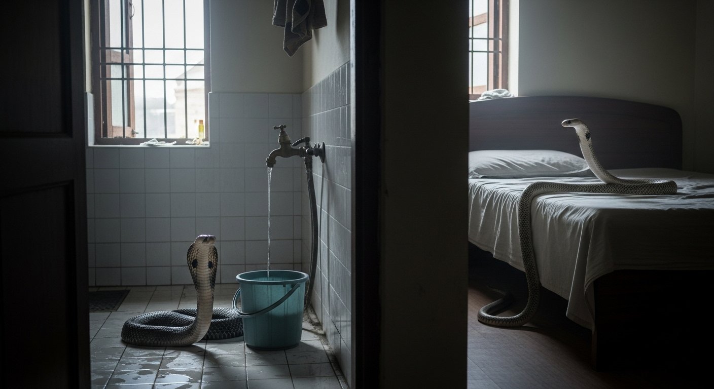 Cobra in the bathroom, serpentess on the bed! A place where snakes 'rule' human homes.