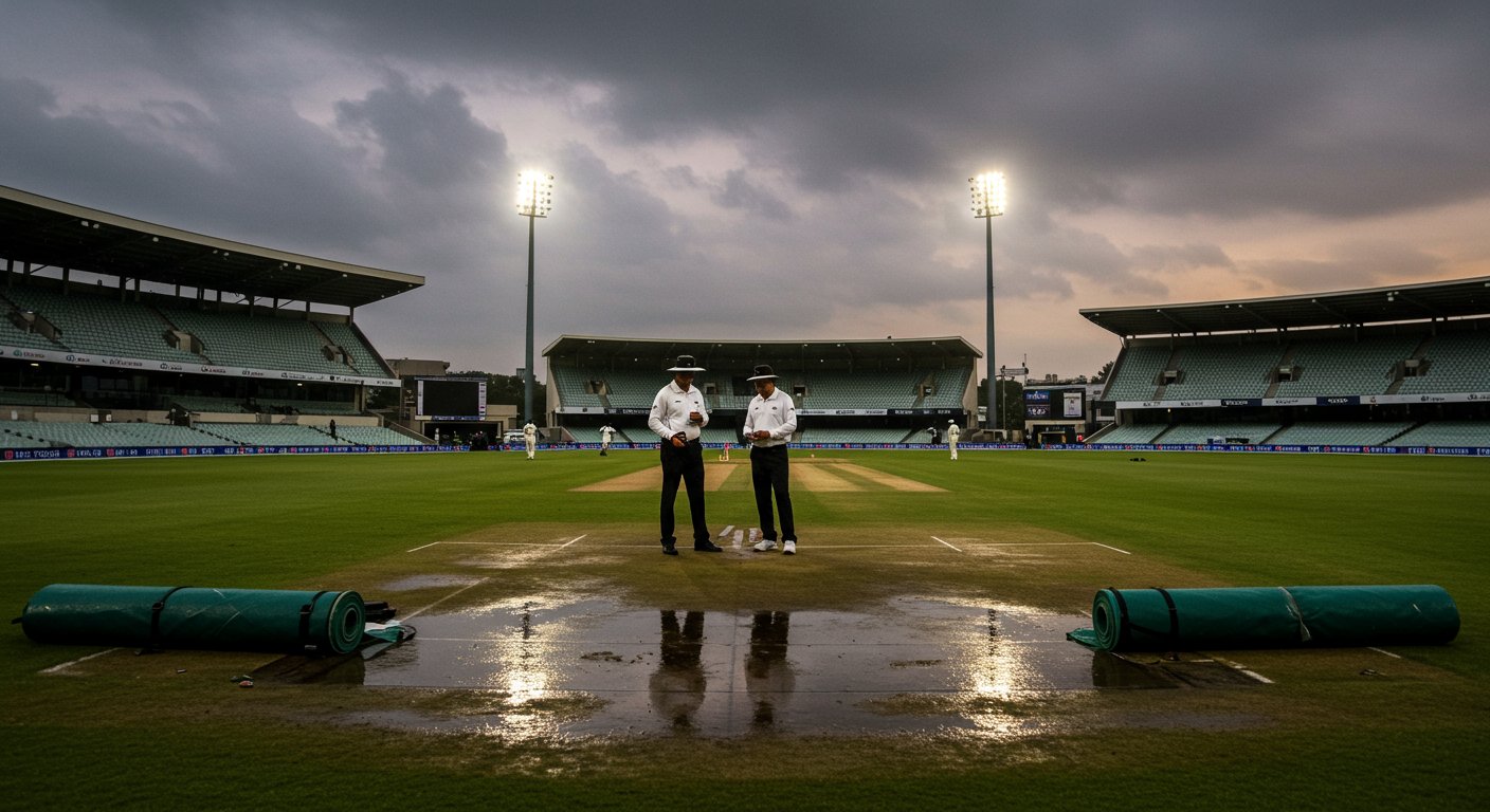 IND-ENG Test: Post-lunch play delayed; Umpires to re-inspect pitch at 7:00 PM; Play halted due to rain.