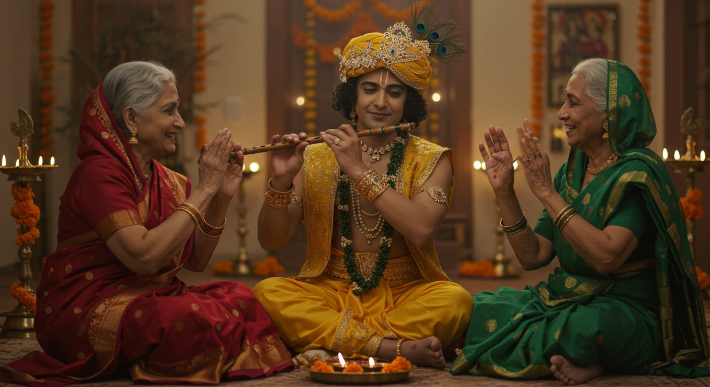 Heartwarming Video: Elderly Women Perform Wonderfully for Uncle Playing Krishna on Devotional Song!
