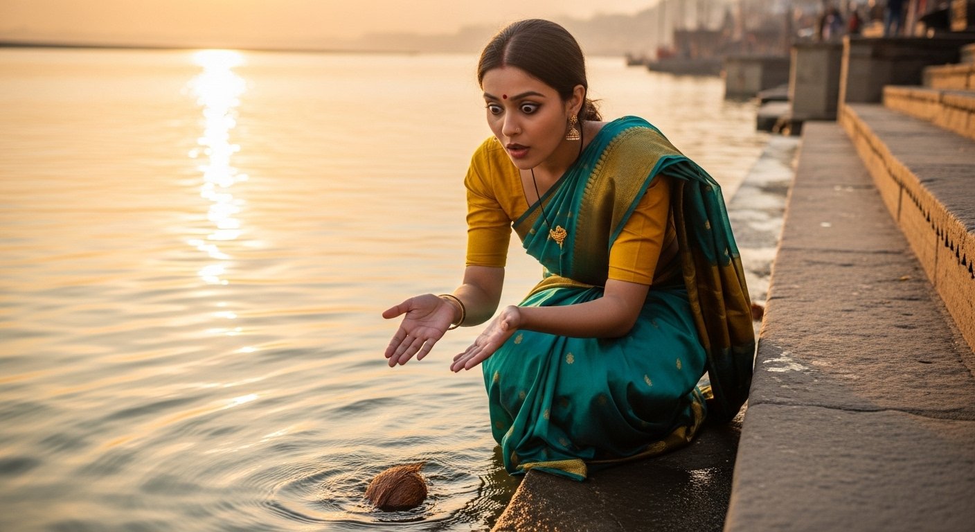 Girl offering coconut on Ganges bank, a 'strange incident' occurred in the blink of an eye, video went viral!