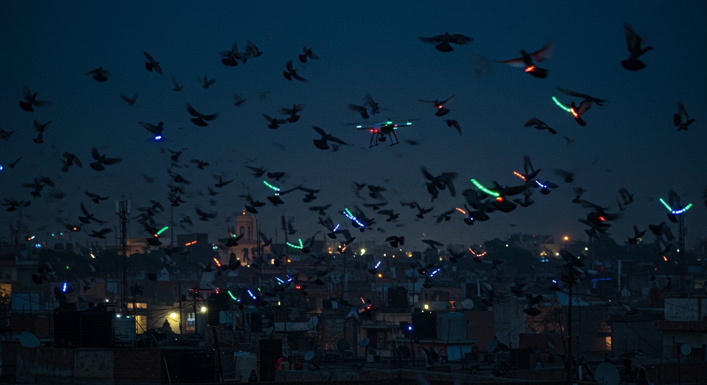 Muzaffarnagar: Pigeon Fanciers' Antics — Pigeons with Neck Lights, Drone Noise, and Uproar