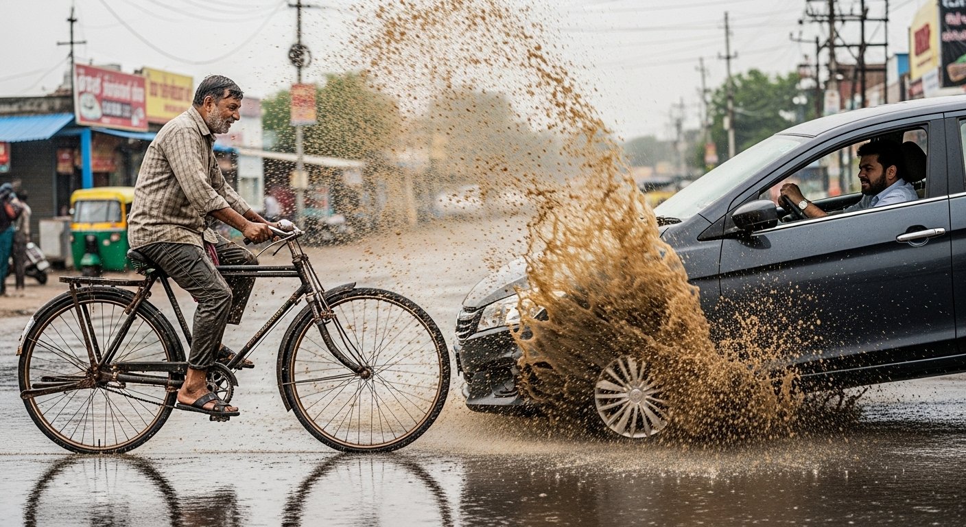 Speeding Car Splashes Mud on Cyclist; Karma Strikes in Seconds!