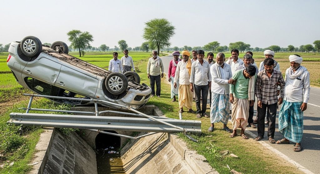Pilibhit Villagers' Bravery: Miscreants' Car Flips After Hitting Drain Railing; Culprits Caught and Handed Over to Police