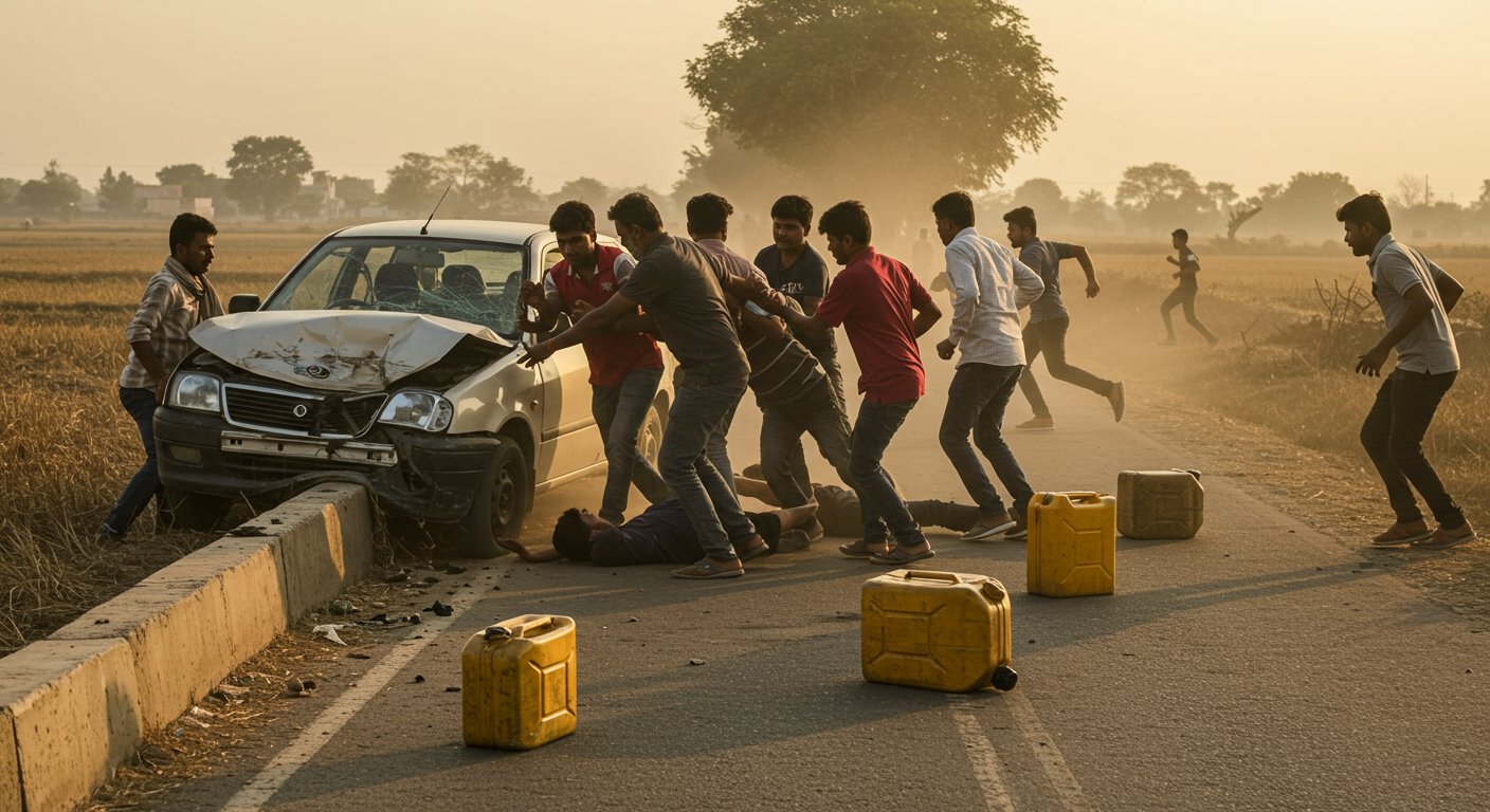 Pilibhit: Car of youths fleeing after stealing diesel hit divider, villagers caught two, three escaped