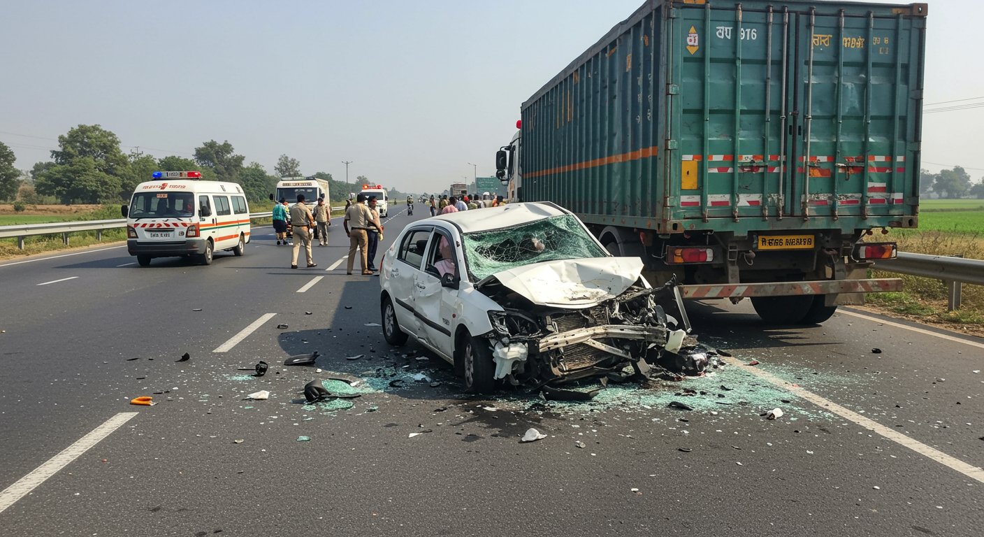 Sultanpur: Horrific Accident on Purvanchal Expressway, Car Crashes into Truck, One Dead and Four Injured; Family En Route to Ballia