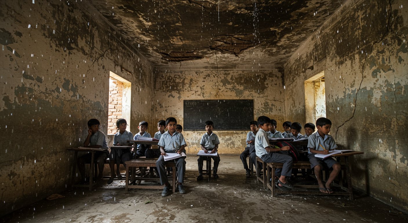 What Kind of School Is This: Children Risking Their Lives, Leaking Roofs and Crumbling Walls Reveal the State of Government Schools.