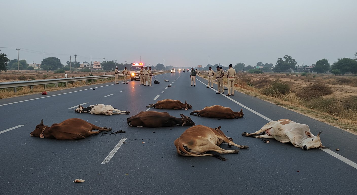 Horrific Accident on Jaipur Highway: Four Killed, Two Seriously Injured After Vehicle Runs Over Stray Cattle on Road; Police Investigate