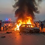 Horrific Road Accident in Aligarh: Car and Bike Collide, Both Catch Fire, Two Seriously Injured