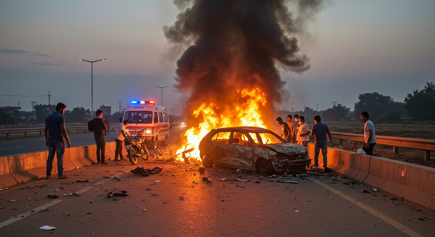 Horrific Road Accident in Aligarh: Car and Bike Collide, Both Catch Fire, Two Seriously Injured