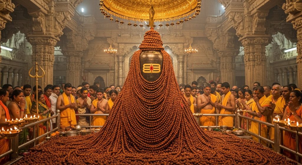 Divine Spectacle in Kashi: Baba's Shrine Adorned with Rudraksha on Last Sawan Monday; City Resounds with 'Bol Bam' Chants