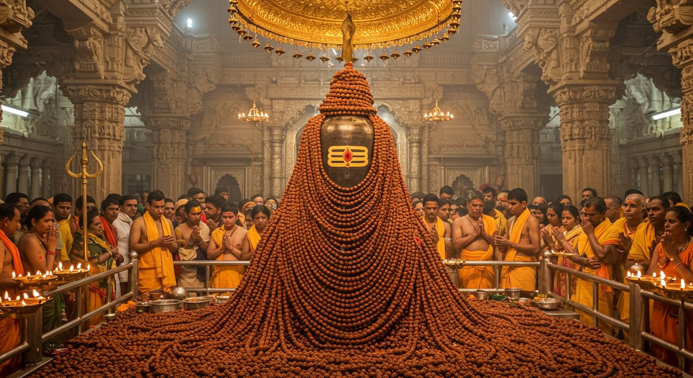 Divine Spectacle in Kashi: Baba's Shrine Adorned with Rudraksha on Last Sawan Monday; City Resounds with 'Bol Bam' Chants