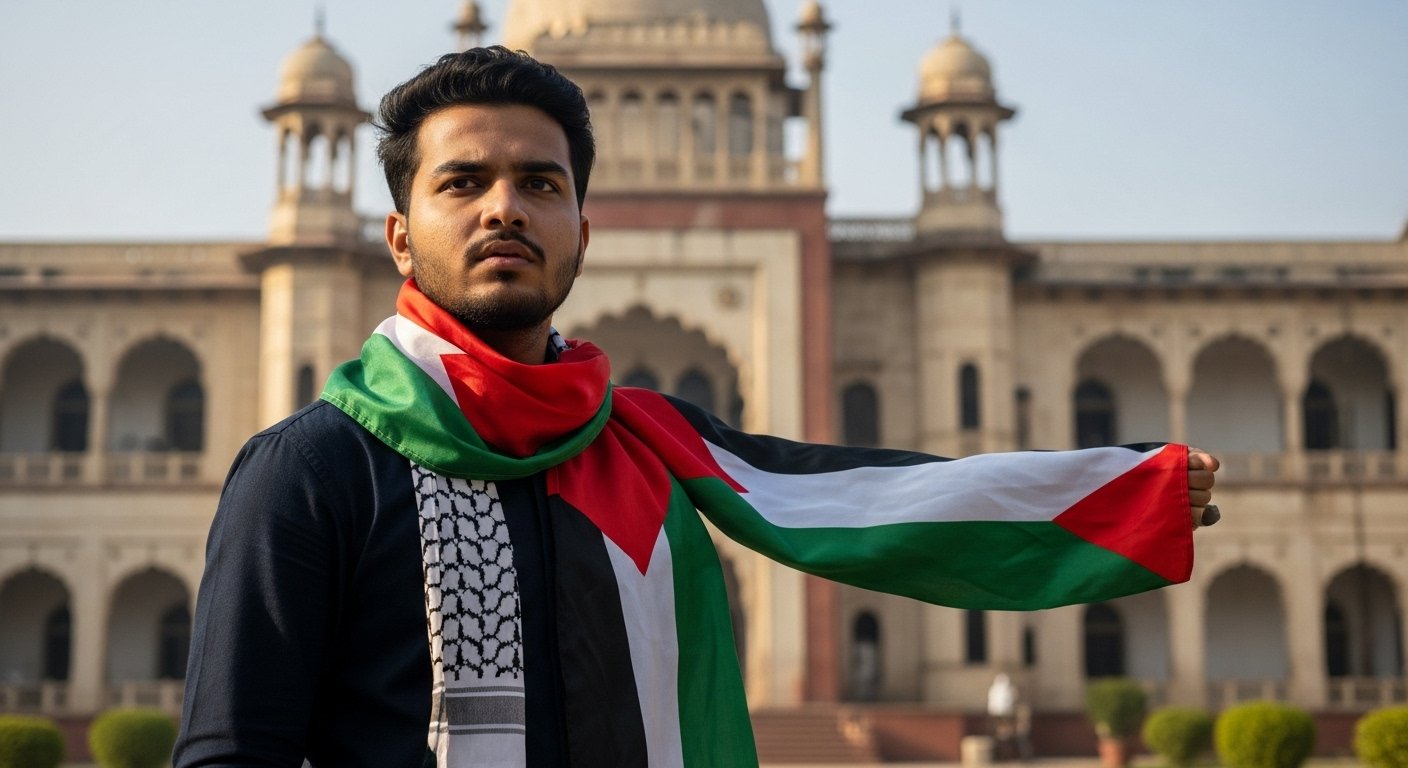 Controversial Statement by Student Leader with Palestinian Flag at Aligarh Muslim University: "UP Government Rules Will Not Apply in AMU"