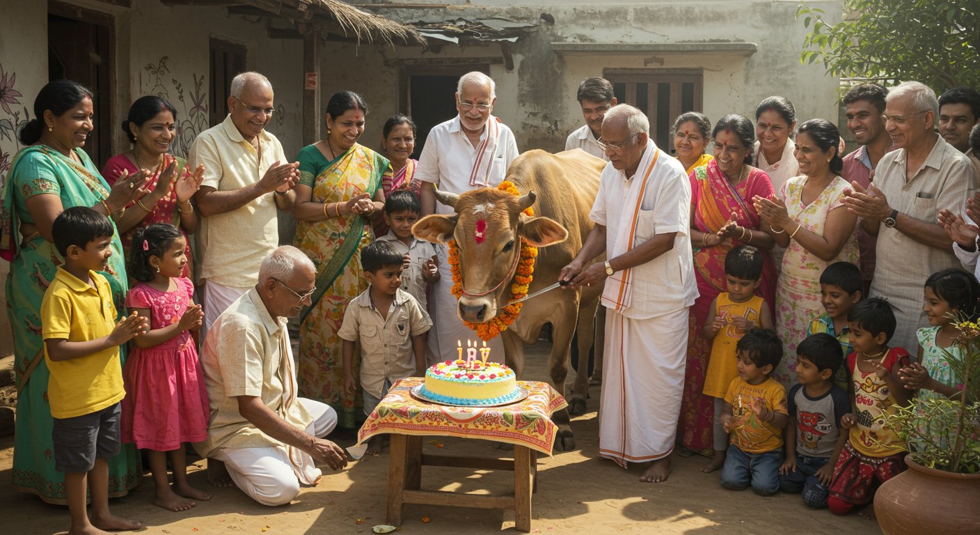 Unique Cow Birthday in Auraiya: Cake Cut to Celebrate, Everyone from Elders to Children Participates
