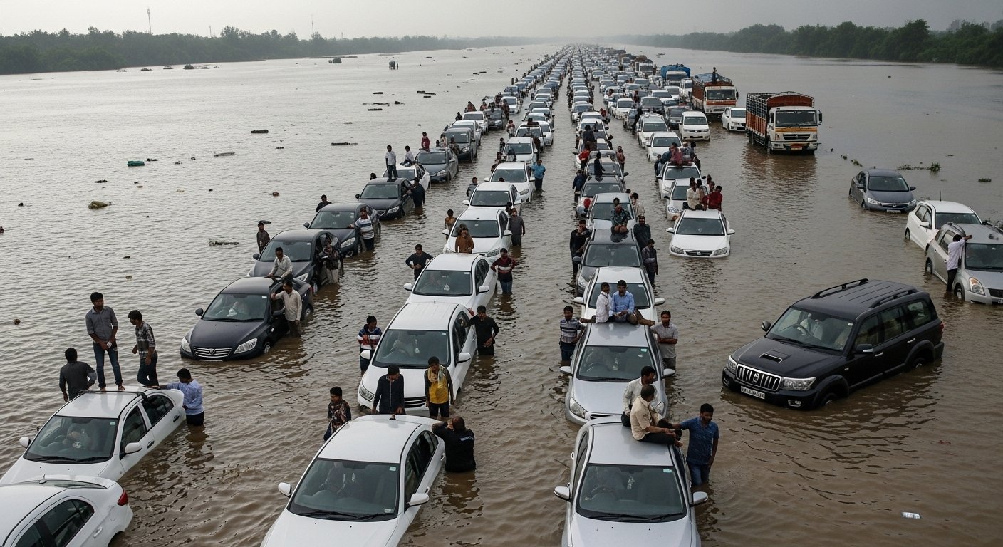 Delhi-Saharanpur Highway in Baghpat Becomes a Pond: Over 50 Vehicles Stranded, 1 km Long Traffic Jam, State Minister Also Stuck!