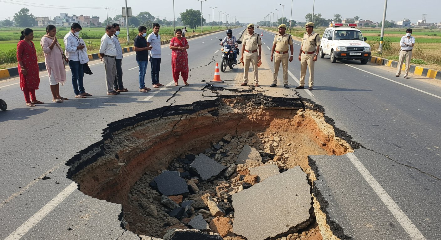 Greenfield Expressway Road Collapses Again in Ballia: Passers-by Avert Major Accident, Police on Scene