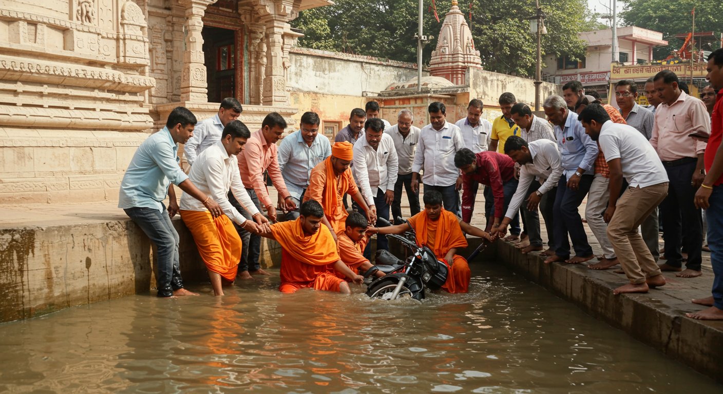 Bareilly: Two bike-borne Kanwariyas fell into a drain near a temple, rescued by locals; Aonla grieves farmer's death in accident.