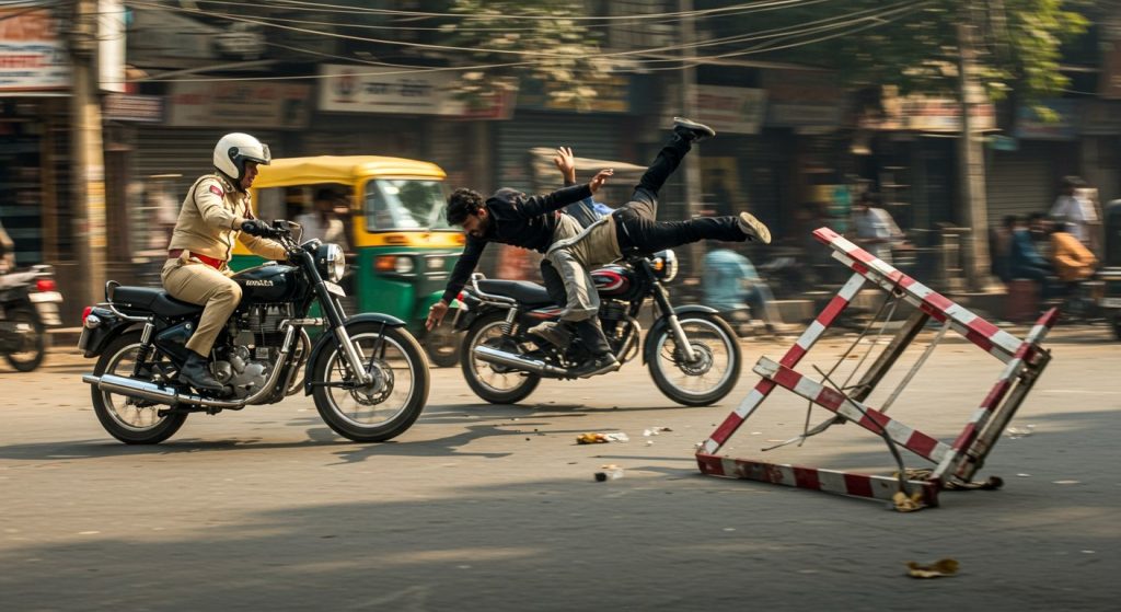 Delhi Police's Indomitable Courage: Robbers Who Broke Barricades and Fled Knocked Down by Bike, Apprehended in Filmy Style; Video Viral