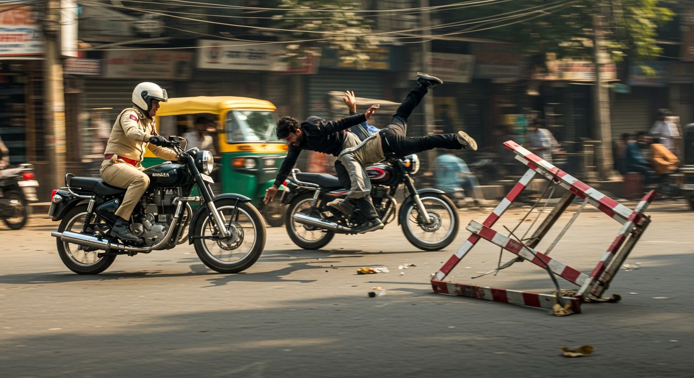 Delhi Police's Indomitable Courage: Robbers Who Broke Barricades and Fled Knocked Down by Bike, Apprehended in Filmy Style; Video Viral