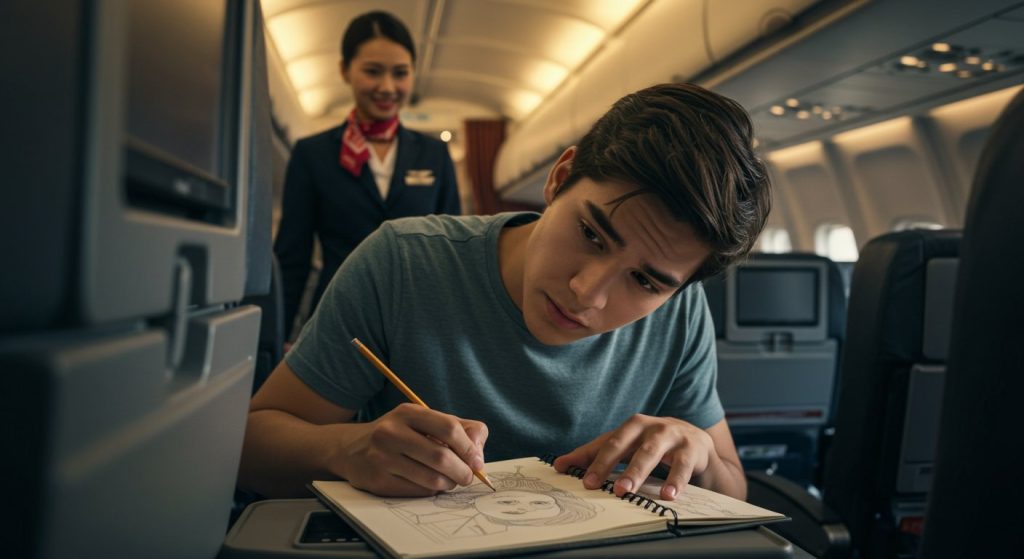 Boy Captivated by Beautiful Air Hostess, Draws Stunning Sketch Mid-Flight; Video Wins Millions of Hearts