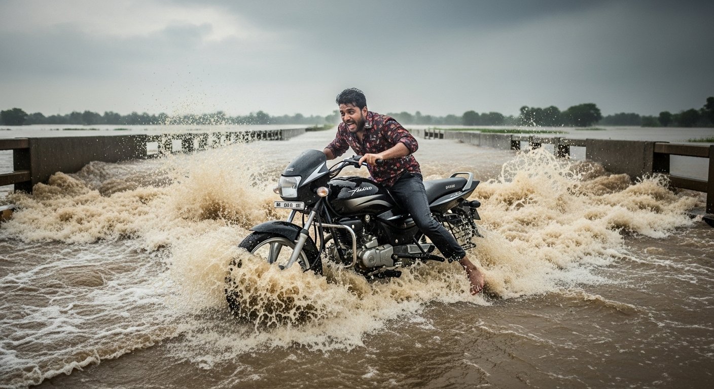 Life risked! Biker's 'hero' attempt on waterlogged bridge backfired heavily.