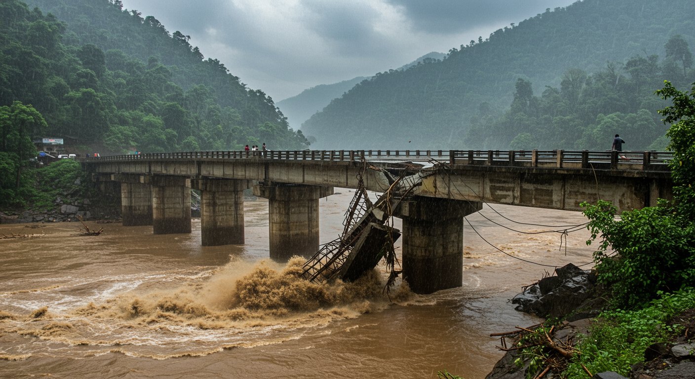 Bridge connecting Pathankot to Himachal collapses in Punjab; Heavy rain in Uttarakhand, Himachal, Jammu and Rajasthan, schools closed; Narmada overflowing in MP