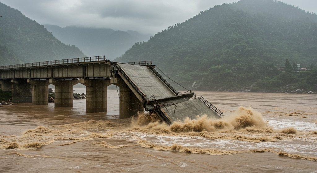Bridge connecting Pathankot in Punjab to Himachal collapsed; Heavy rain in Uttarakhand, Himachal, Jammu, and Rajasthan, schools closed; Narmada in MP.