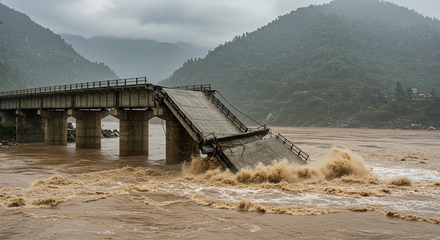 Bridge connecting Pathankot in Punjab to Himachal collapsed; Heavy rain in Uttarakhand, Himachal, Jammu, and Rajasthan, schools closed; Narmada in MP.