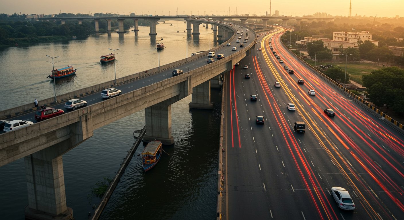 Is it a bridge or a miracle? Where boats are above the water and vehicles speed below!