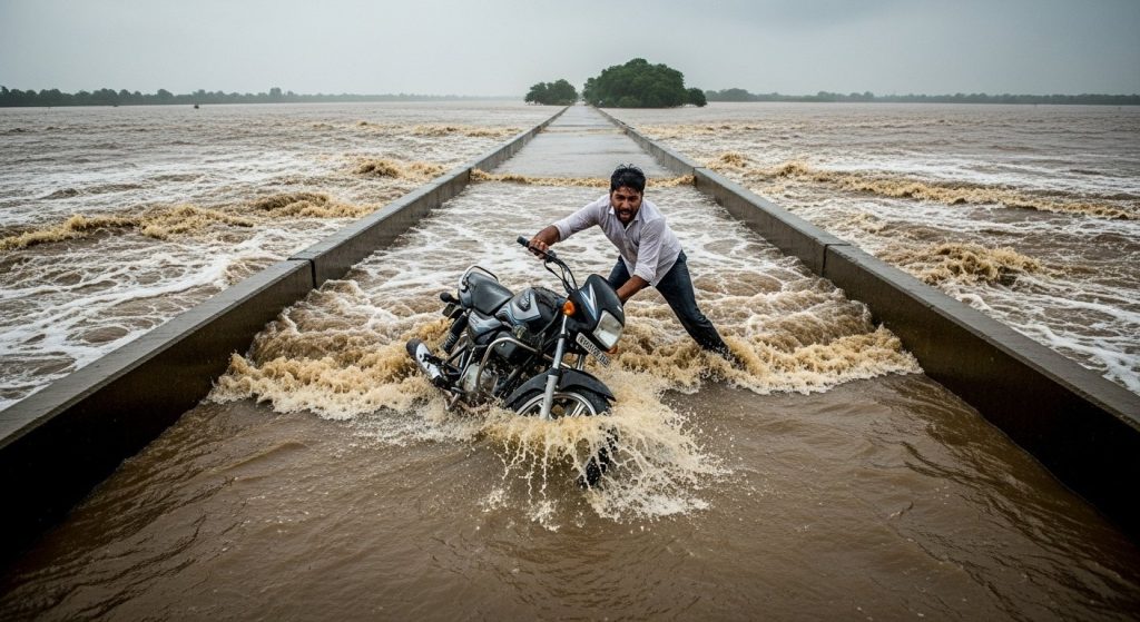 Riding bike on overflowing bridge proved costly: Man trying to be a hero's life endangered, bike swept away!