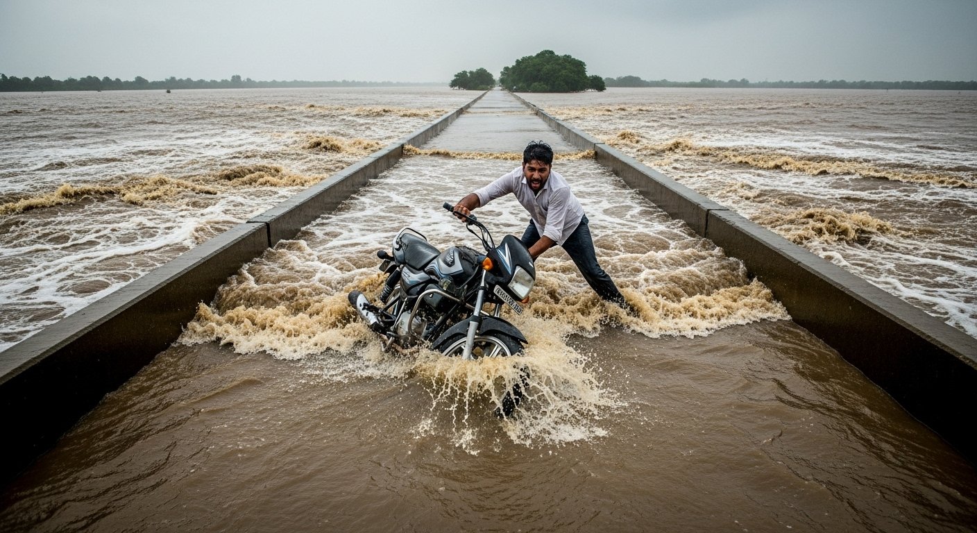 Riding bike on overflowing bridge proved costly: Man trying to be a hero's life endangered, bike swept away!