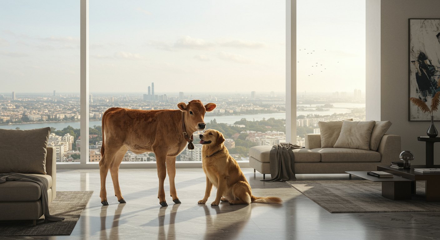 A calf named 'Mr. Alex' lives in a luxurious flat on the 28th floor! Learn about his friendship with Dogesh Bhai and why this unique story went viral.
