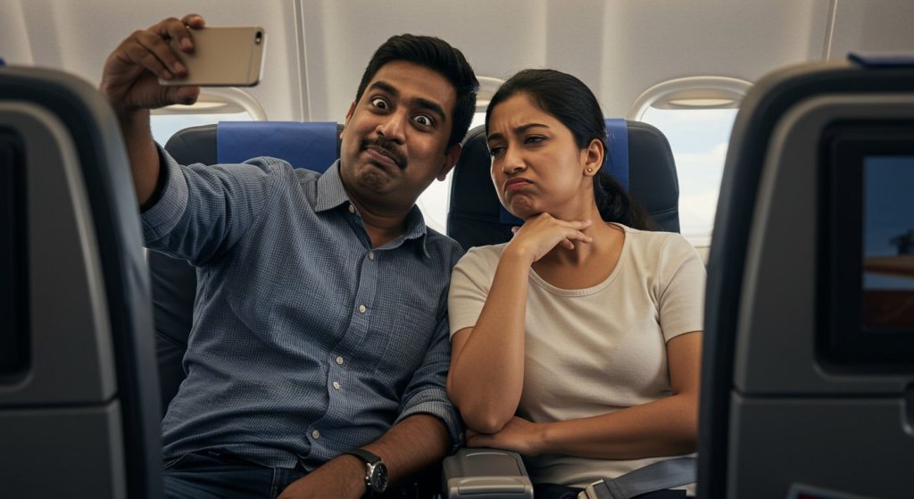 Husband's strange act on flight upsets wife, video goes viral!