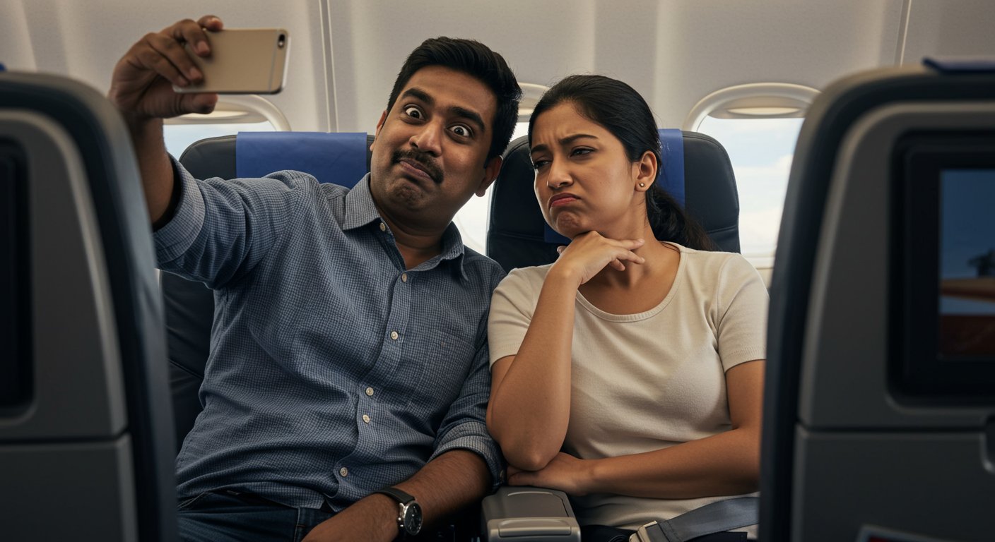 Husband's strange act on flight upsets wife, video goes viral!