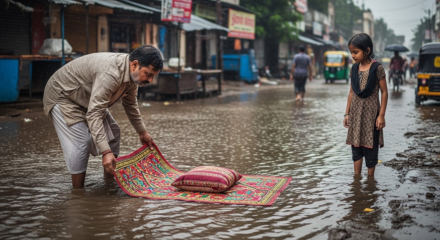 Angry Father Lays Mat and Pillow in Water-Logged Street After Daughter Falls: Video Goes Viral