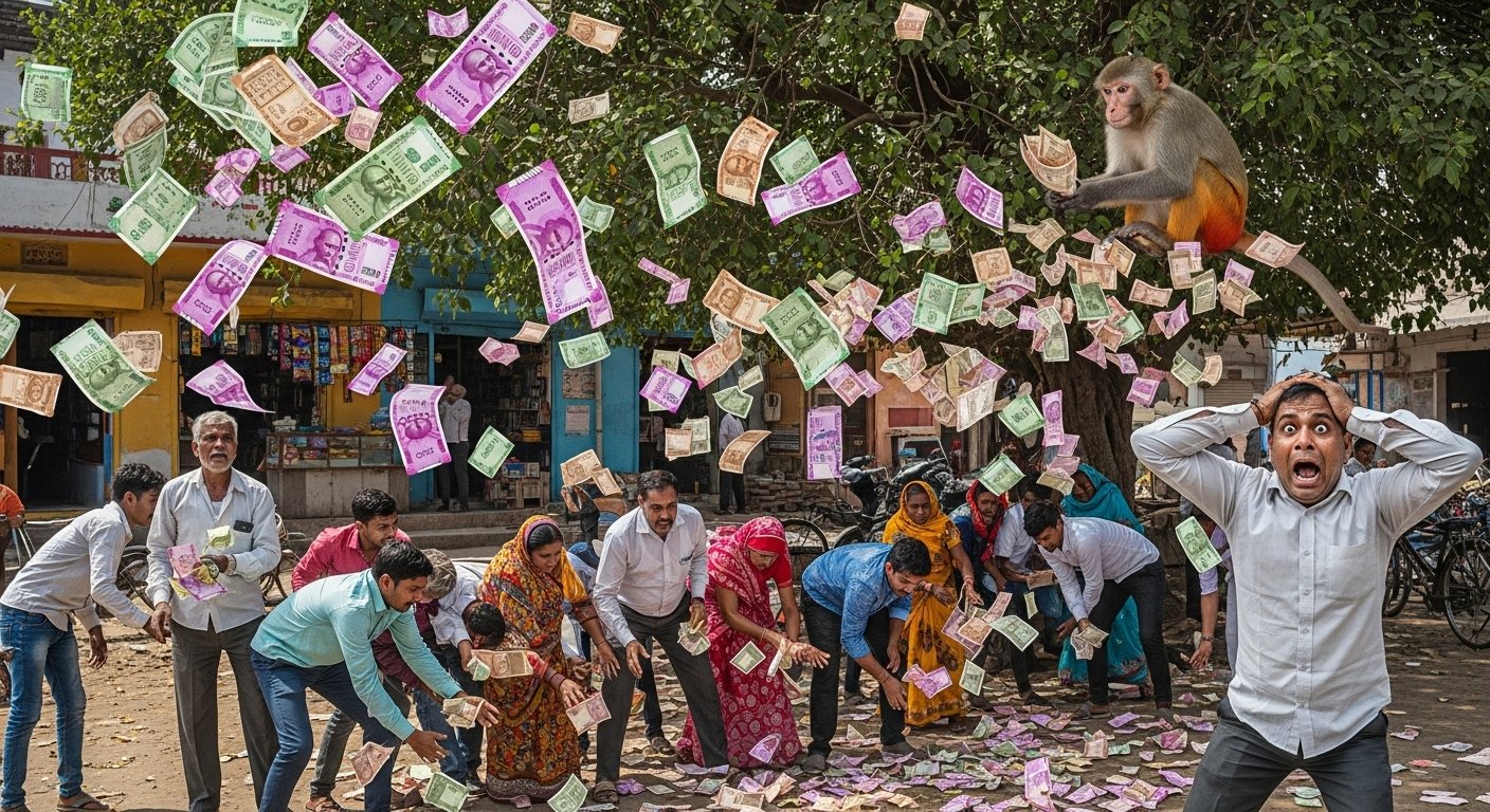 Money Rains From Tree in UP's Auraiya: Monkey Scatters 80,000, Rohitash Stunned, People Scramble for Cash.