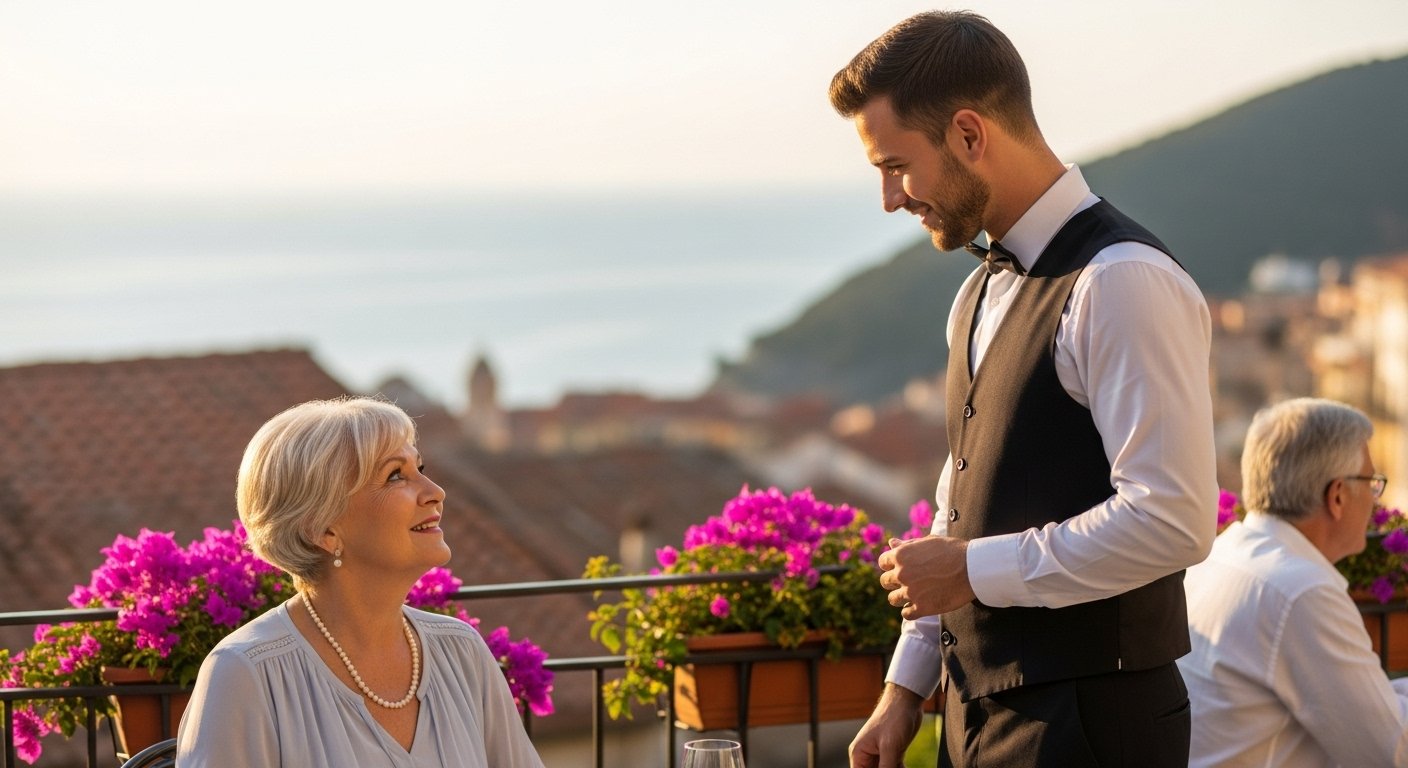 Elderly woman vacationing abroad falls in love with waiter 21 years her junior, story goes viral.